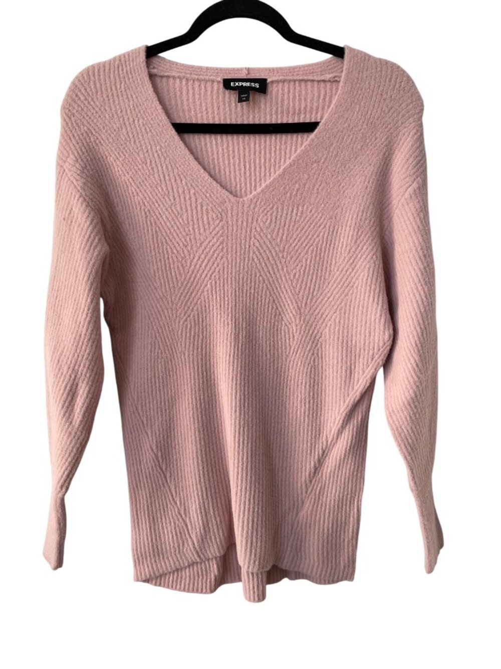 Express Pullover Sweater XS V-Neck Ribbed Knit Pink Nylon Soft Comfort Relaxed